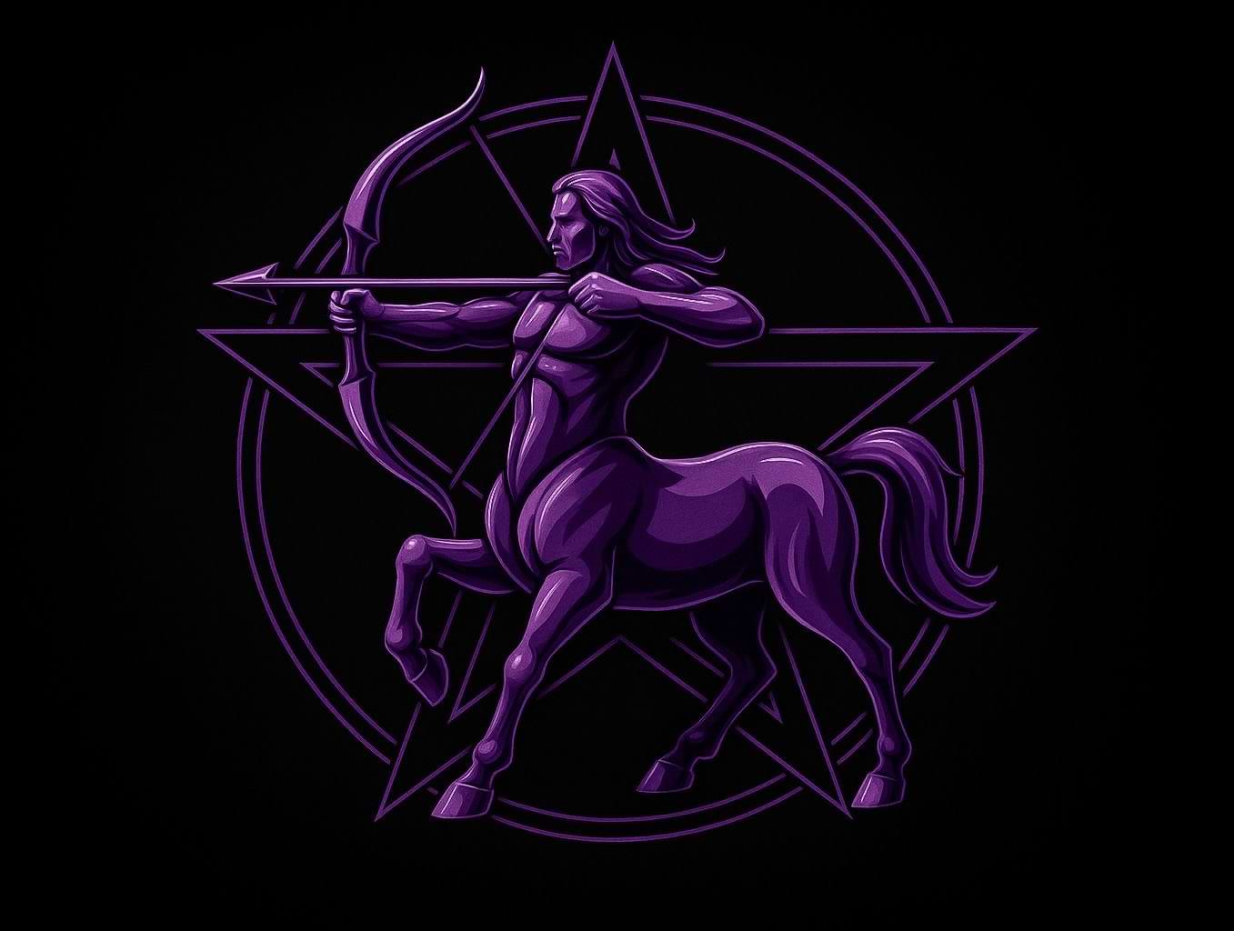 Purple Sagittarius zodiac centaur drawing a bow in front of a glowing pentagram on black background
